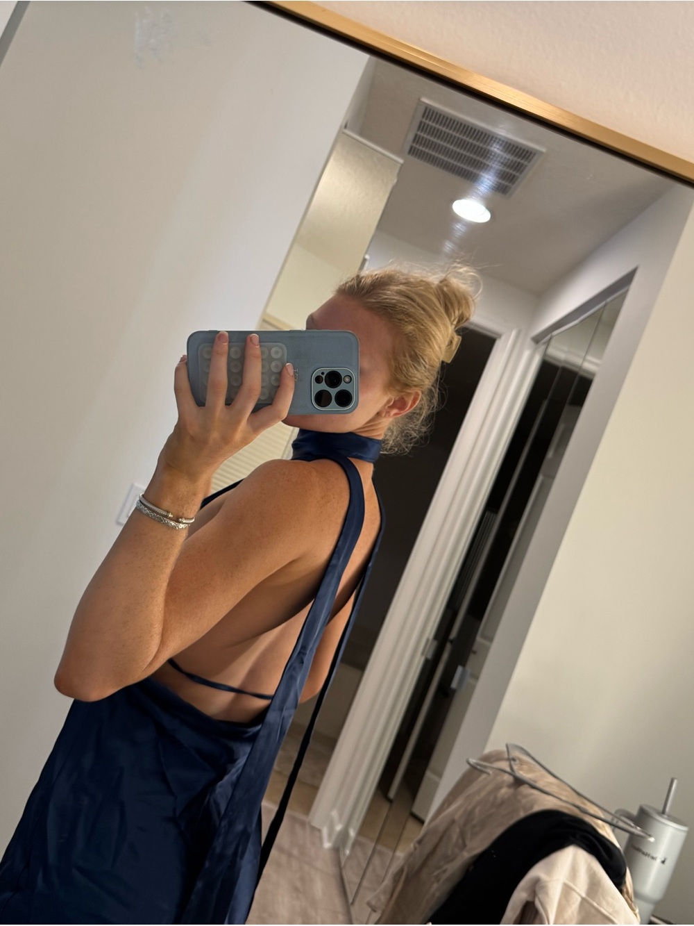 PEPPER MAYO Navy Halter Mini Dress with neck scarf Plunge V-Neck open back - Picture 4 of 5